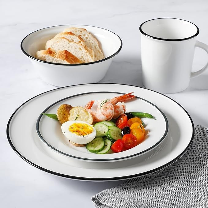 16pc Porcelain Dinnerware Set White Black Rim Plates Bowls Mugs Dishwasher Safe