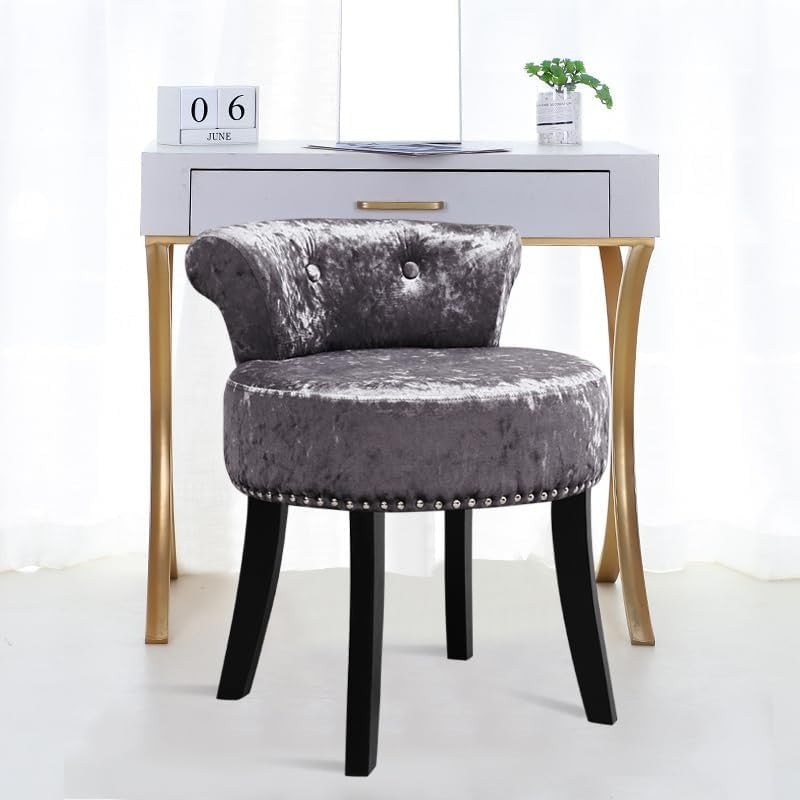 Dark Grey Ice Velvet Dressing Table Stool Low Back Wood Legs Footstool