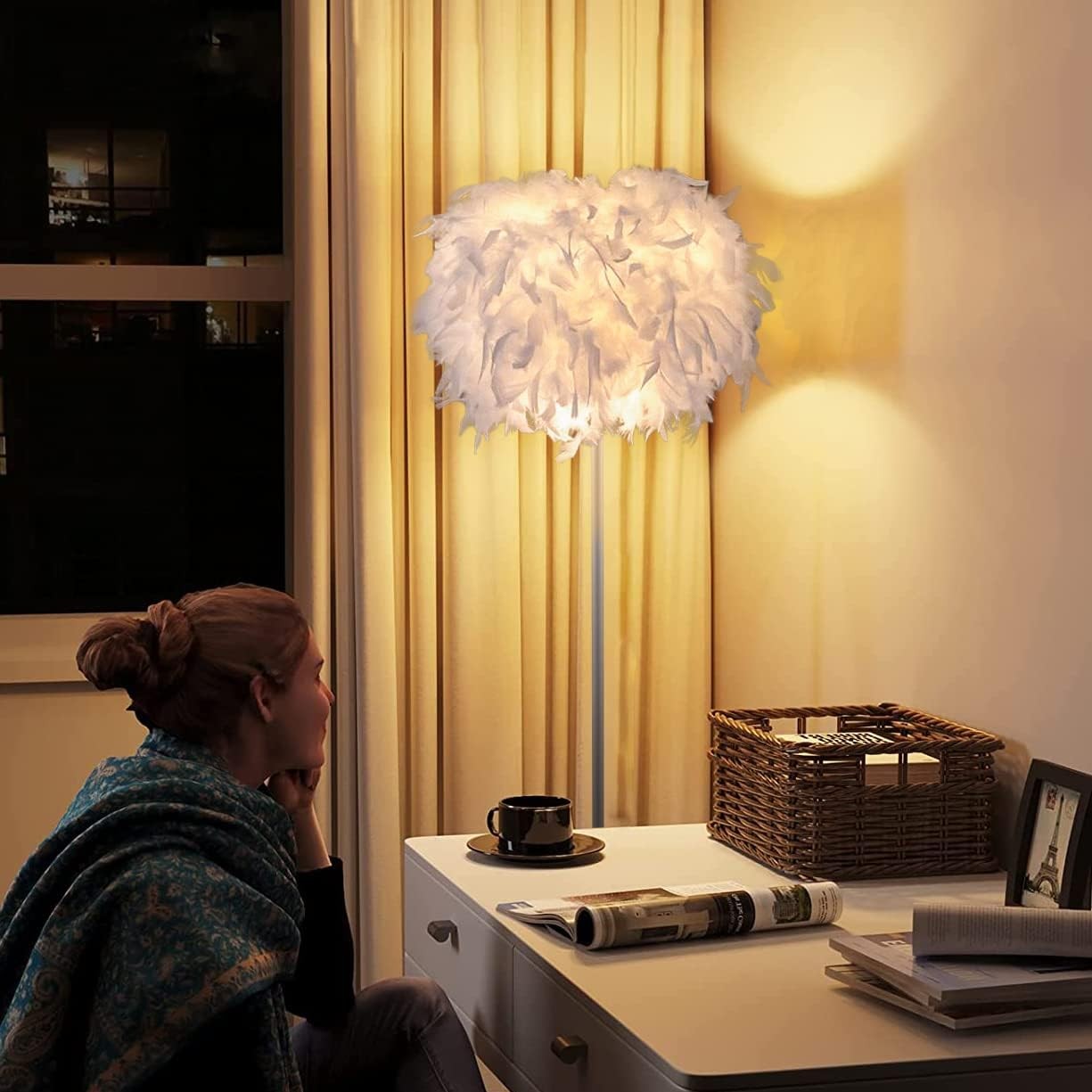 Feather Floor Lamp White Standing Light E27 Modern Bedroom Living Room