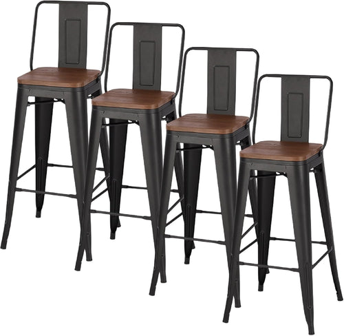 Set of 4 Industrial Vintage Bar Stools with Backrest & Footrest – Black