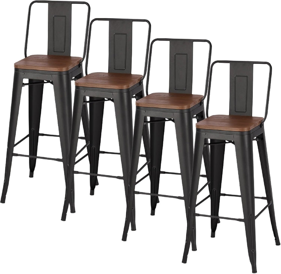 Set of 4 Industrial Vintage Bar Stools with Backrest & Footrest – Black