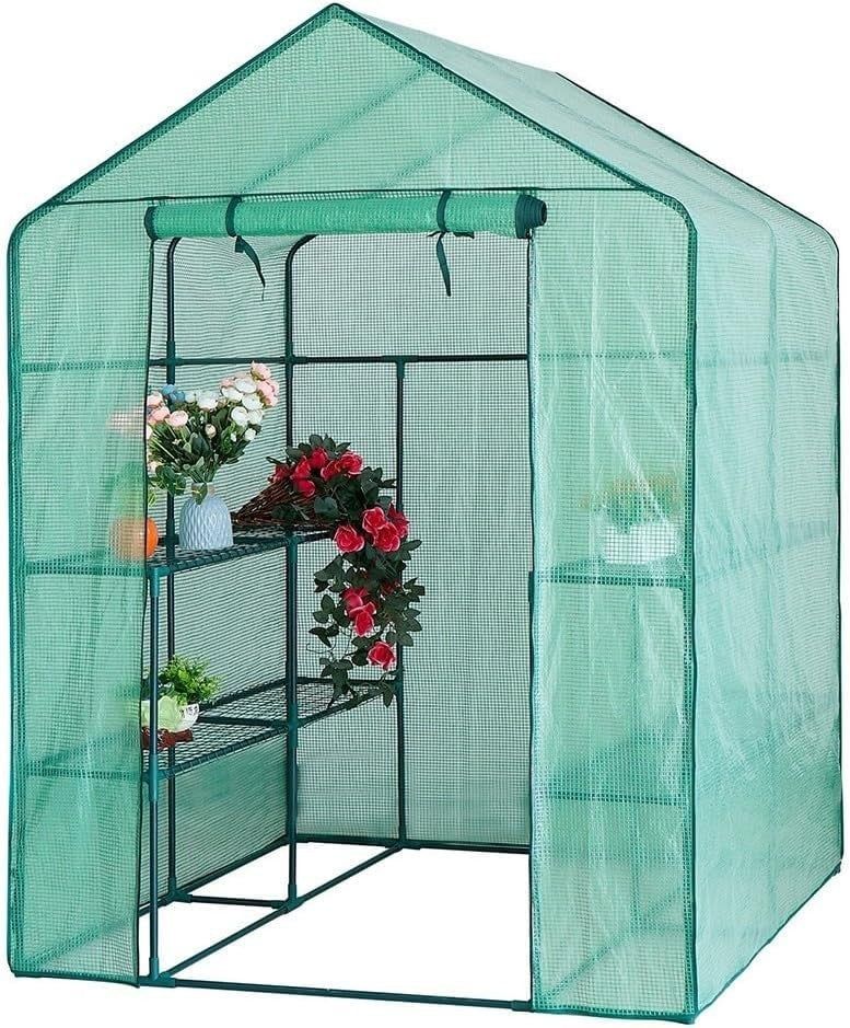Green PVC Greenhouse Cover Walk-In Reinforced Plant Protector 143x143x195cm