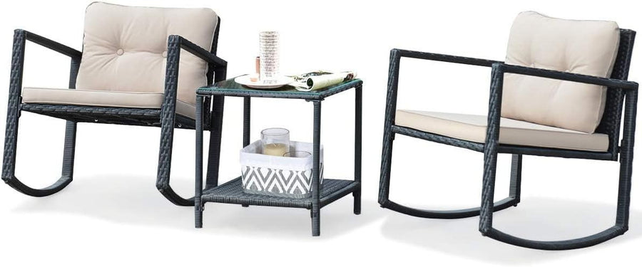 Rocking Rattan Patio Chair Set with Two Tier Glass Table Garden Balcony