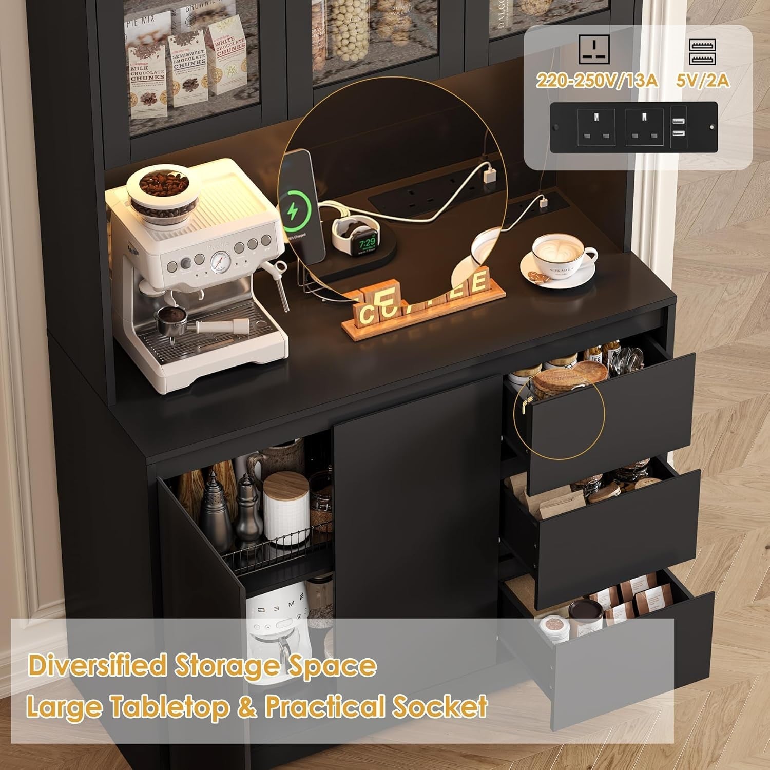Black Tall Kitchen Cupboard with LED, Sockets, Drawers & Shelves