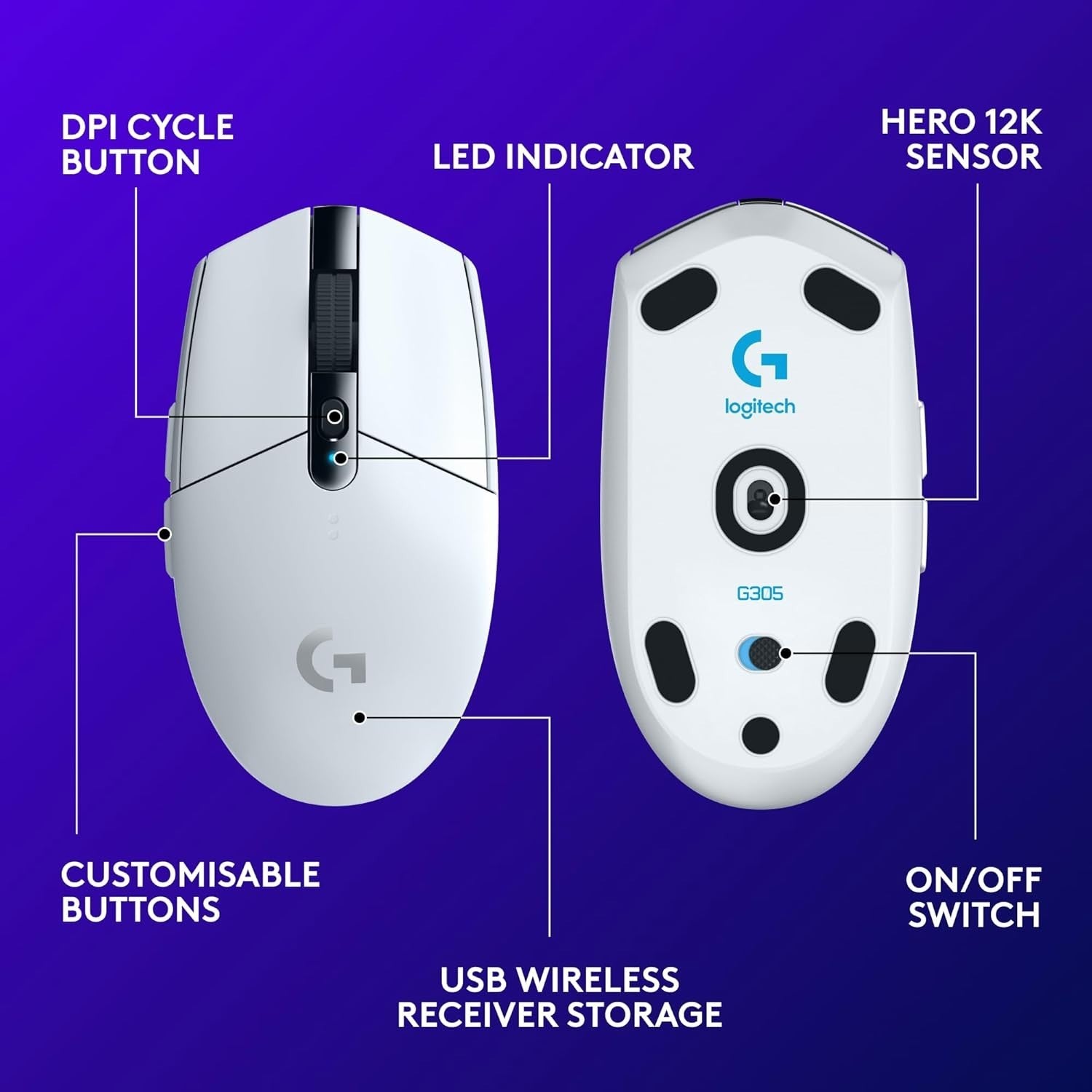 White Wireless Gaming Mouse 12000DPI Lightweight 6 Button 250Hr Battery PC