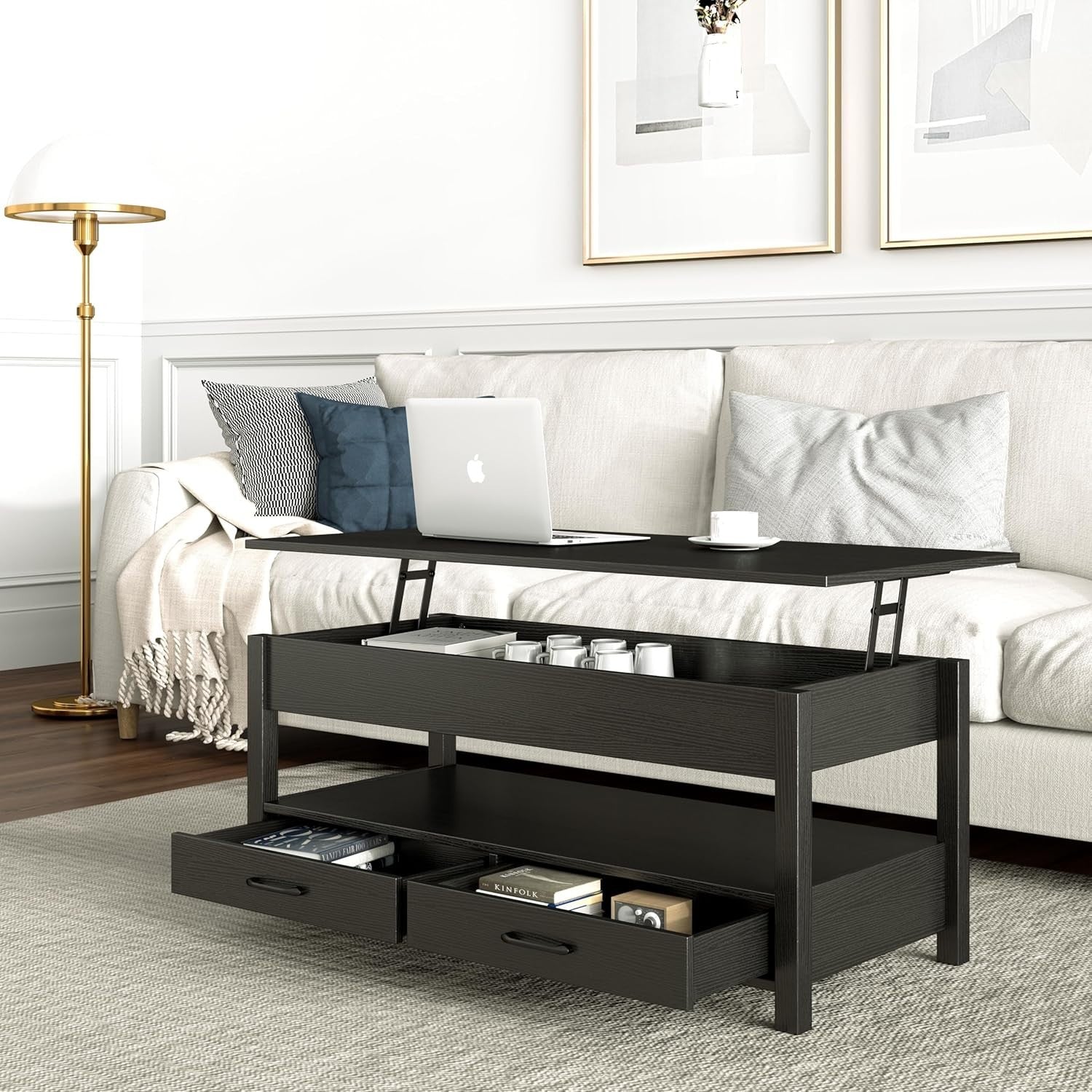 Lift-Up Coffee Table with Storage Drawers & Hidden Compartment Black Wood