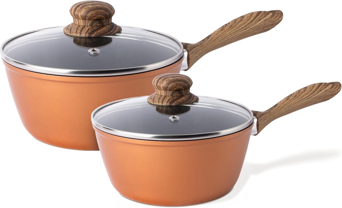 2pcs Copper Non-Stick  Saucepan Set with Lids 16cm & 18cm Induction Ready