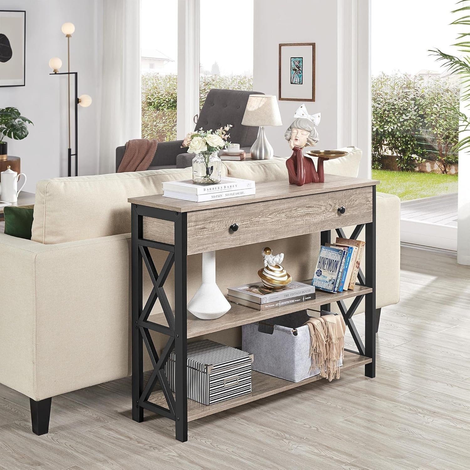 Rustic Grey Console Table with Drawer & 2 Shelves, 100x29.5x81cm, Durable