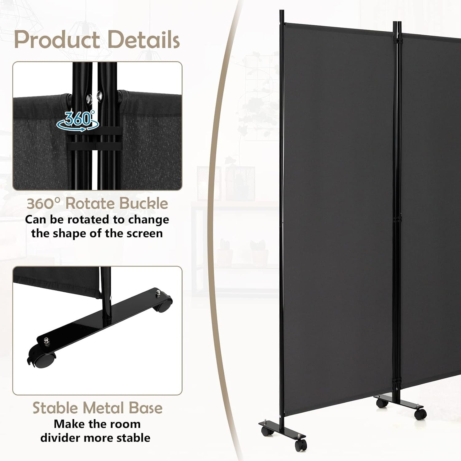 6 Panel Grey Folding Room Divider Privacy Screen on Wheels for Home Office
