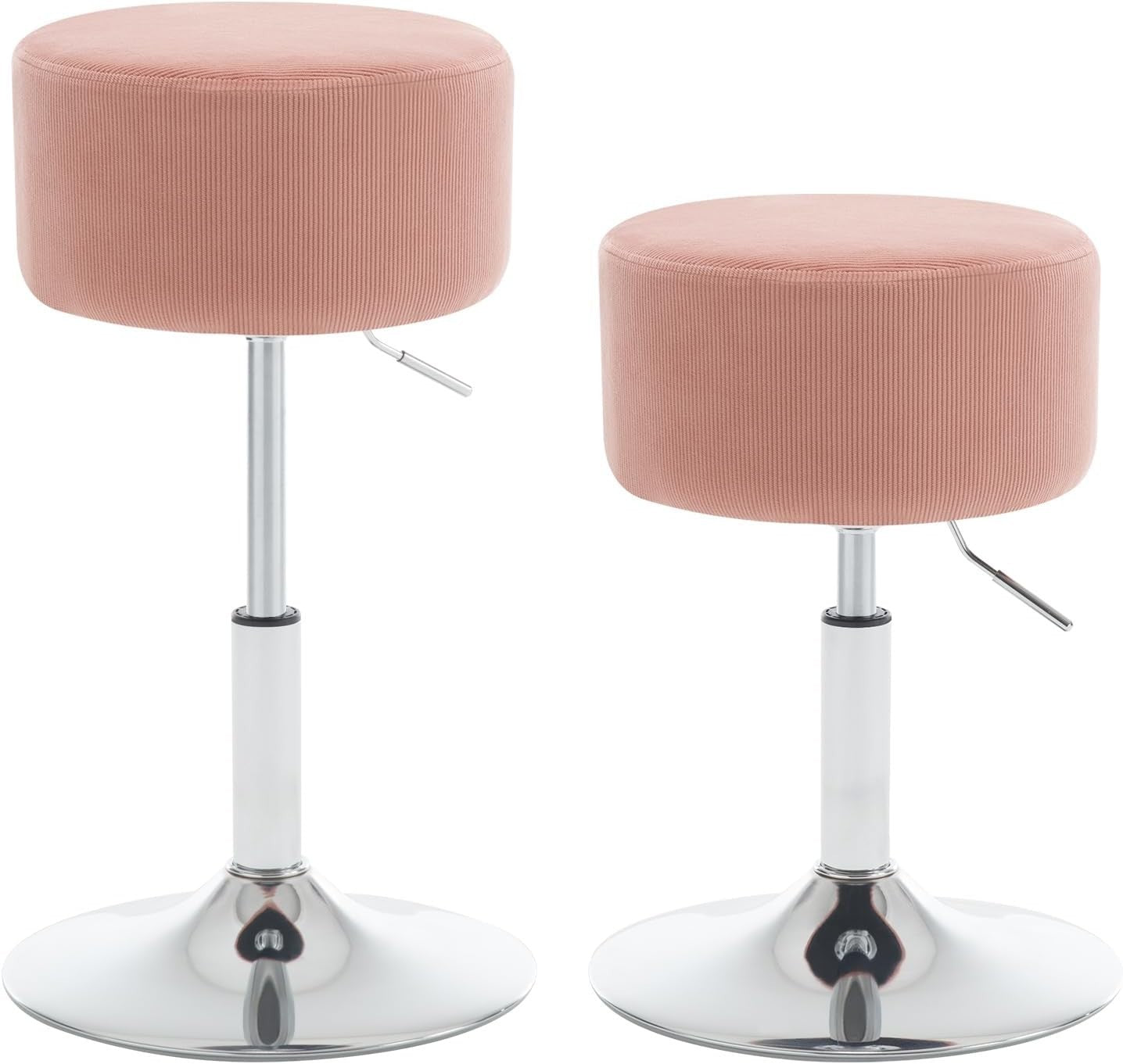 Set of 2 Pink Corduroy Swivel Stools Height Adjustable Round Vanity Seats