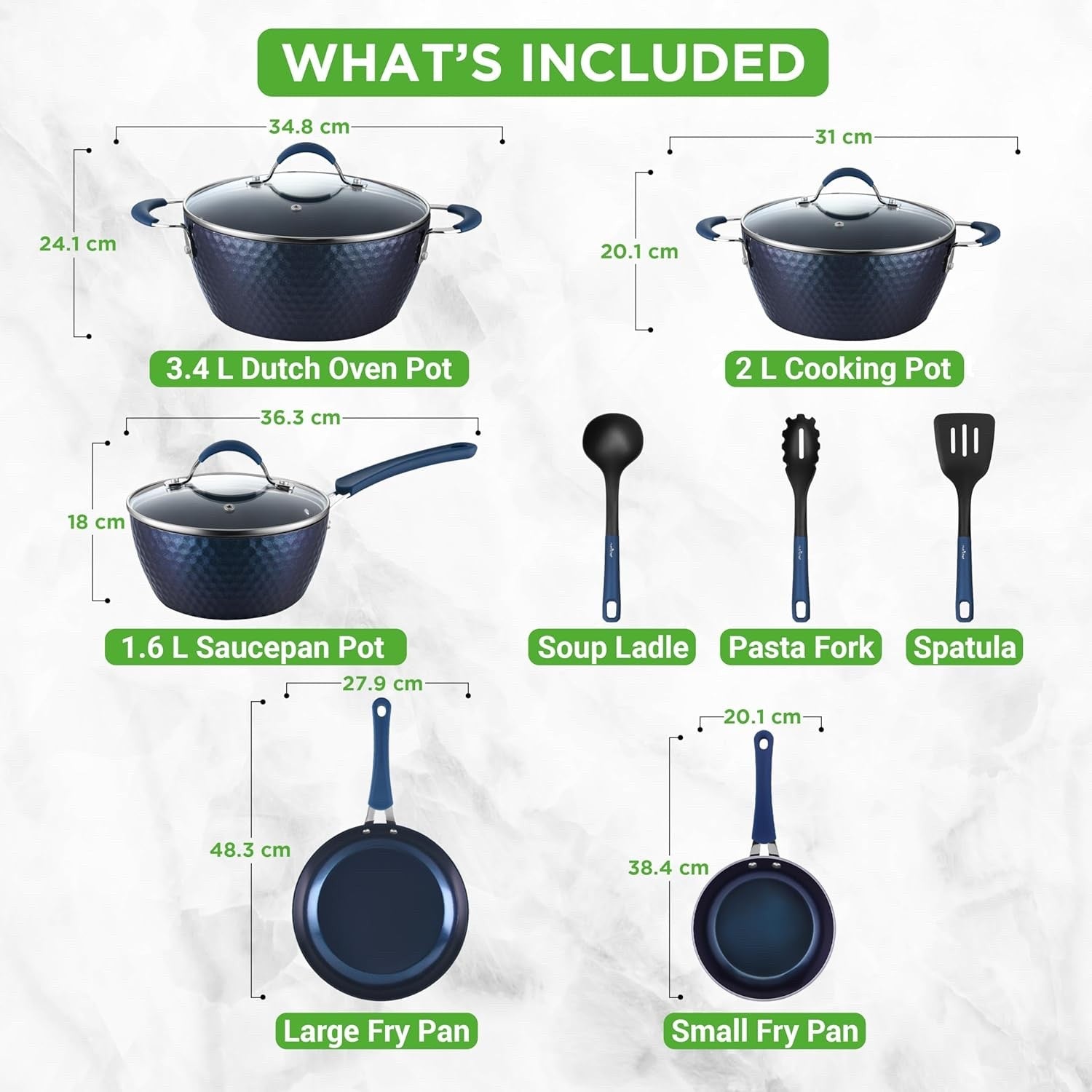 11pcs Blue Diamond Non Stick Cookware Set Induction Ready Pots and Pans with Lid