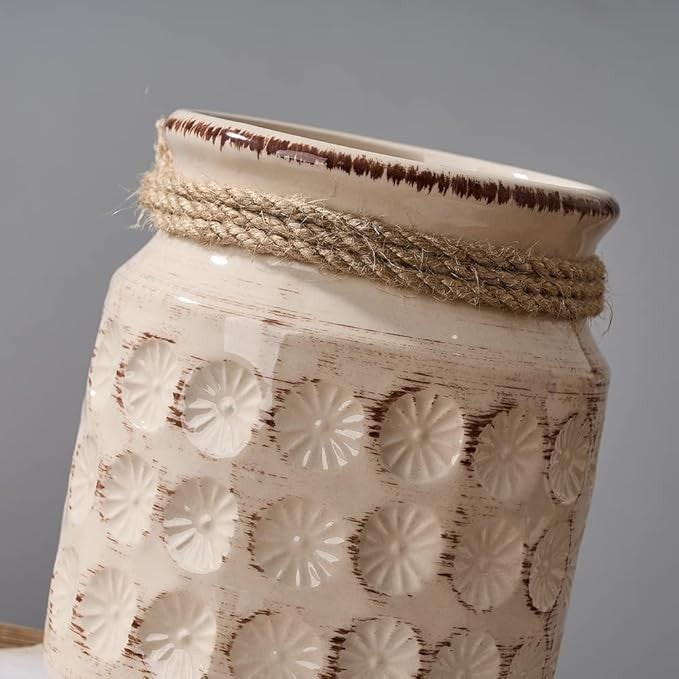 Rustic Ceramic Flower Vase 6in Cream White Farmhouse Table Shelf Decor
