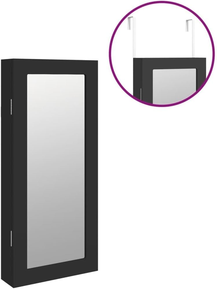 Black Wall Mounted Mirror Jewelry Cabinet Lockable Slim Storage Organizer