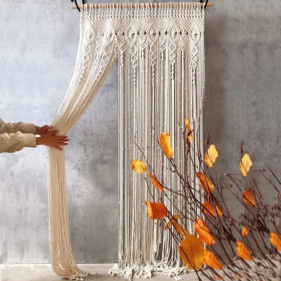 Grey Macrame Door Curtain Boho Cotton Room Divider 90x180cm