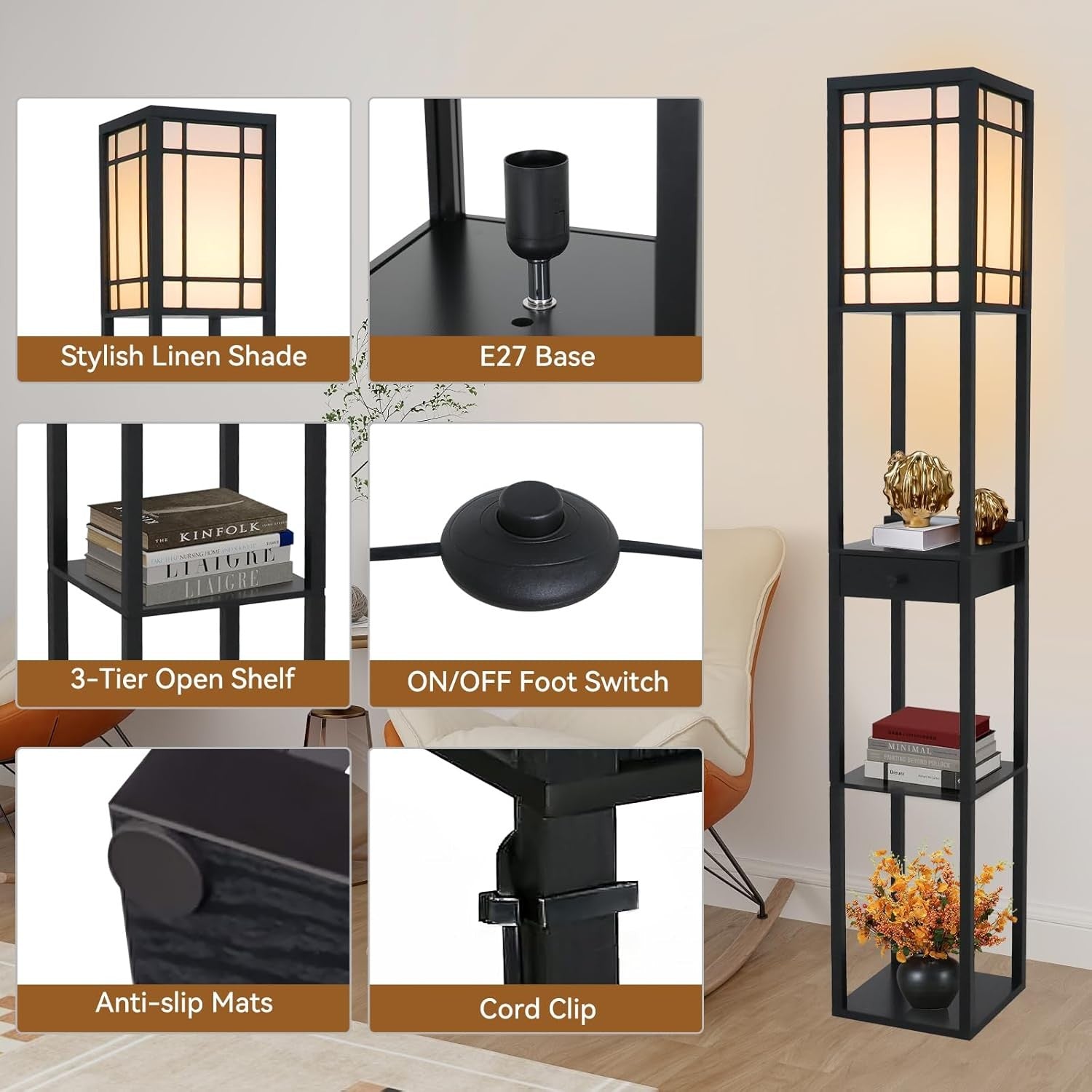 Floor Lamp with Shelves USB Charging Storage Drawer Modern Standing Light