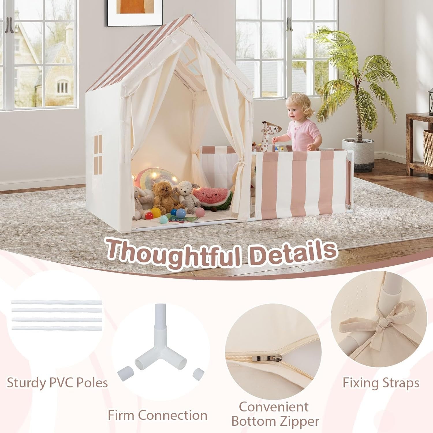 Kids Play Tent Beige Coffee Castle with Lights Mat Indoor Toddler Playhouse
