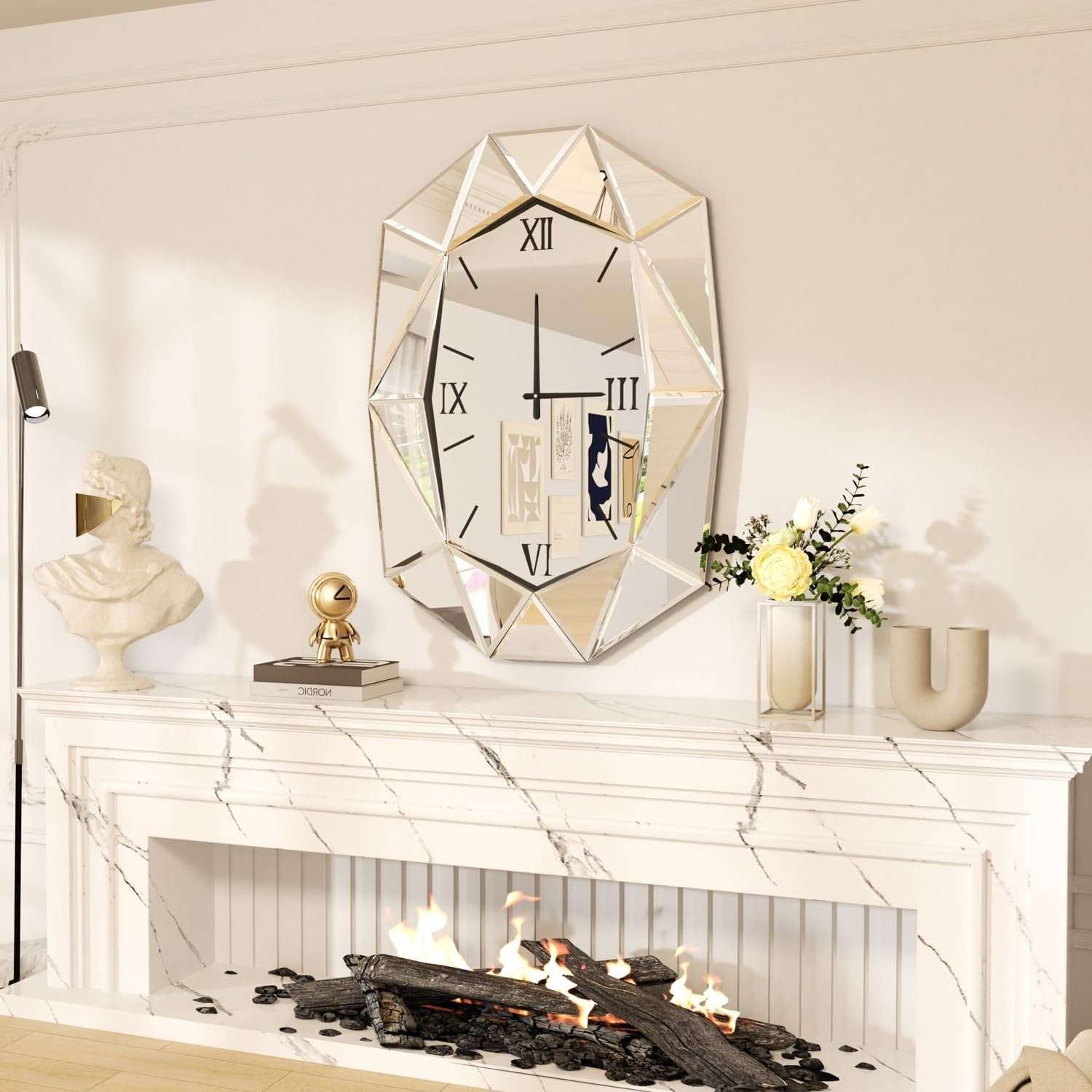 Beveled Glass Wall Clock with Roman Numerals | Silent, Modern Silver Decor