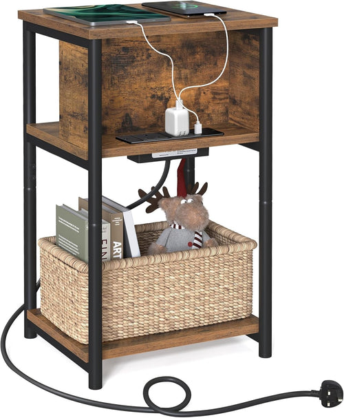 Slim Side Table with USB Charging Ports, 3 Tiers, 30x34x58cm, Rustic