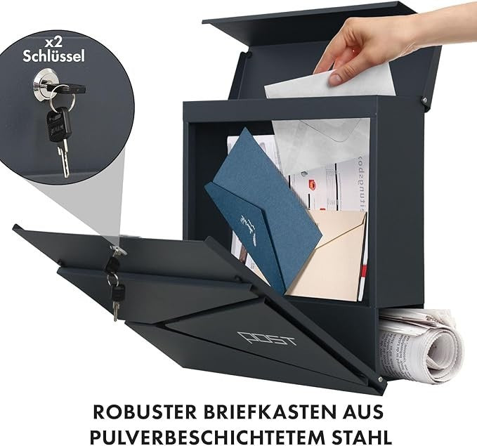 Lockable Wall Letterbox w/ Newspaper Holder – Weatherproof Steel, C4 Slot
