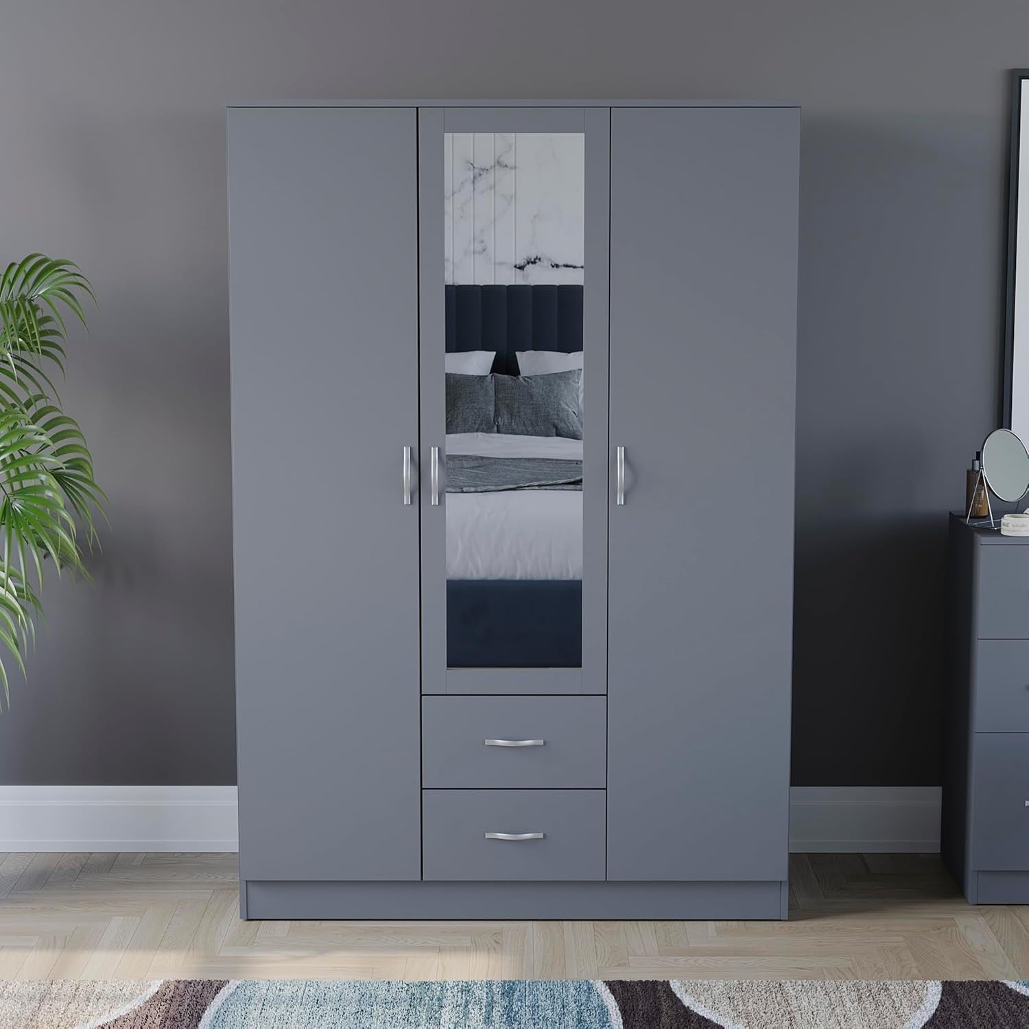 Grey 3 Door Mirrored Wardrobe with Hanging Rail & Drawers, Bedroom Storage