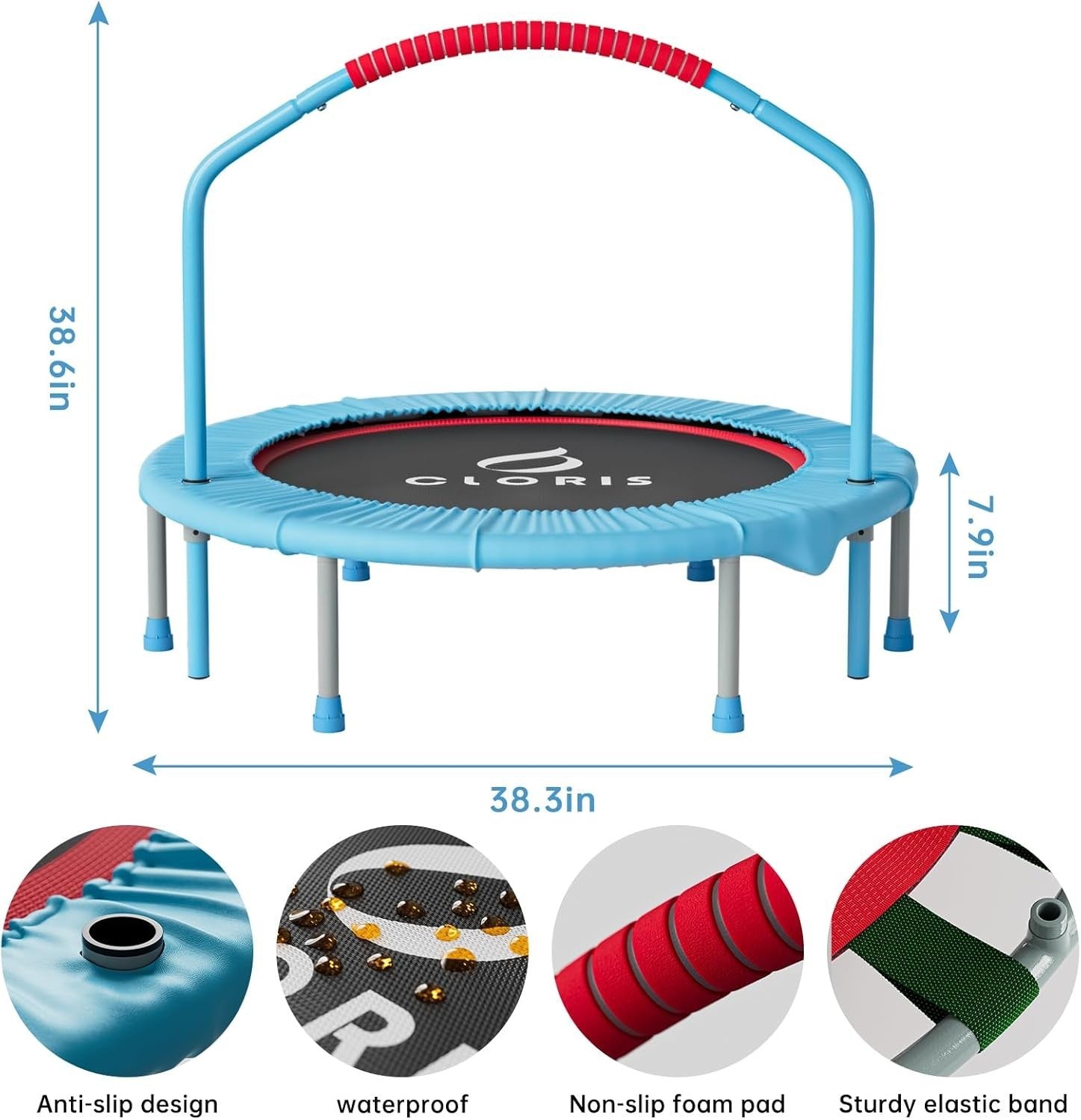 Blue 38in Folding Exercise Trampoline Low Impact Rebounder 220LB