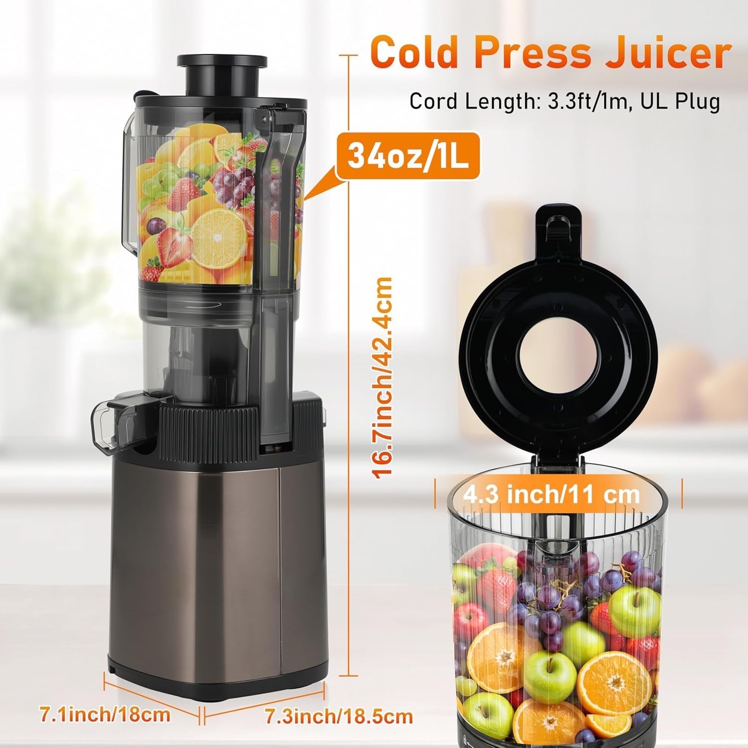 Cold Press Masticating Juicer 3.5in Wide Chute High Yield Quiet 200W