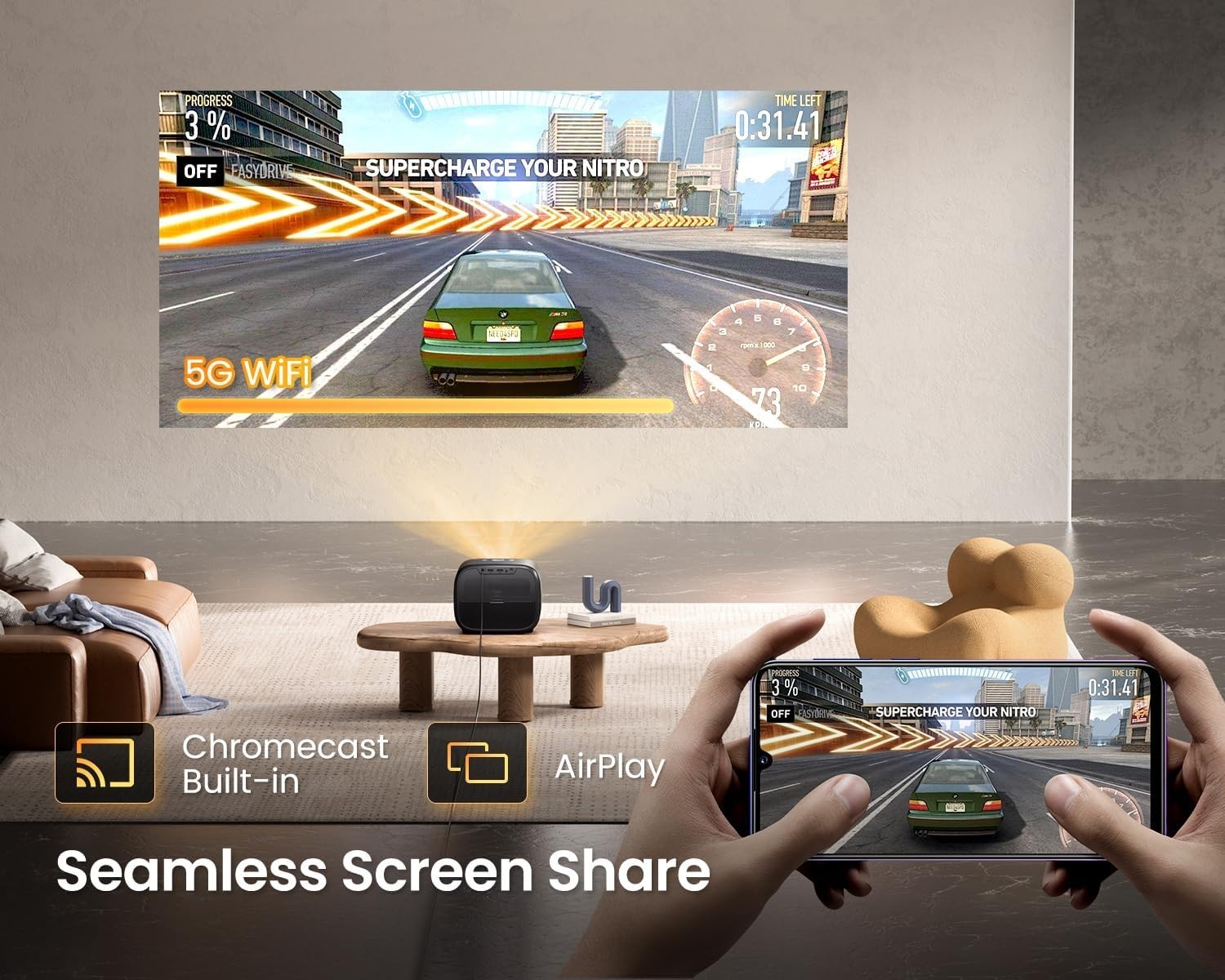 Android TV 1080P Projector 600 ANSI Netflix Dolby HDR 4K Support