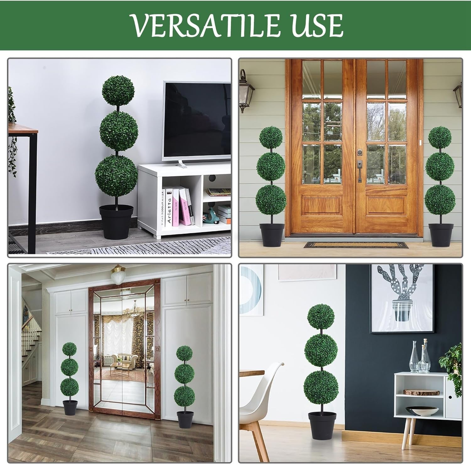 Set of 2 Artificial Boxwood Ball Trees 112cm Faux Green 3 Ball Topiary Decor