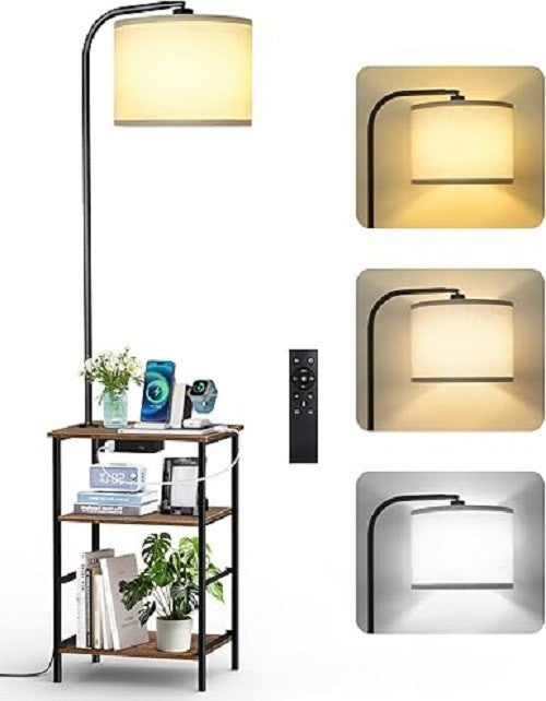 Floor Lamp with Table Drawers Remote USB Charging Dimmable LED Nightstand