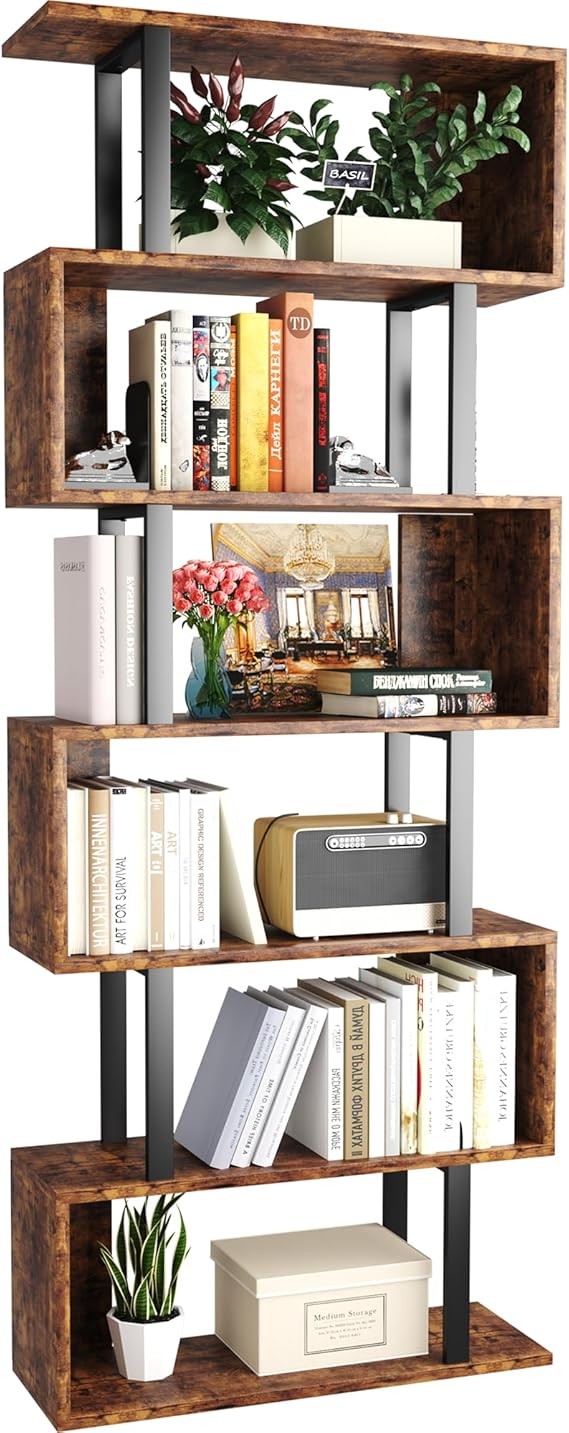 Tall S-Shaped 6-Tier Bookcase Modern Display Shelf Unit for Home Office Storage