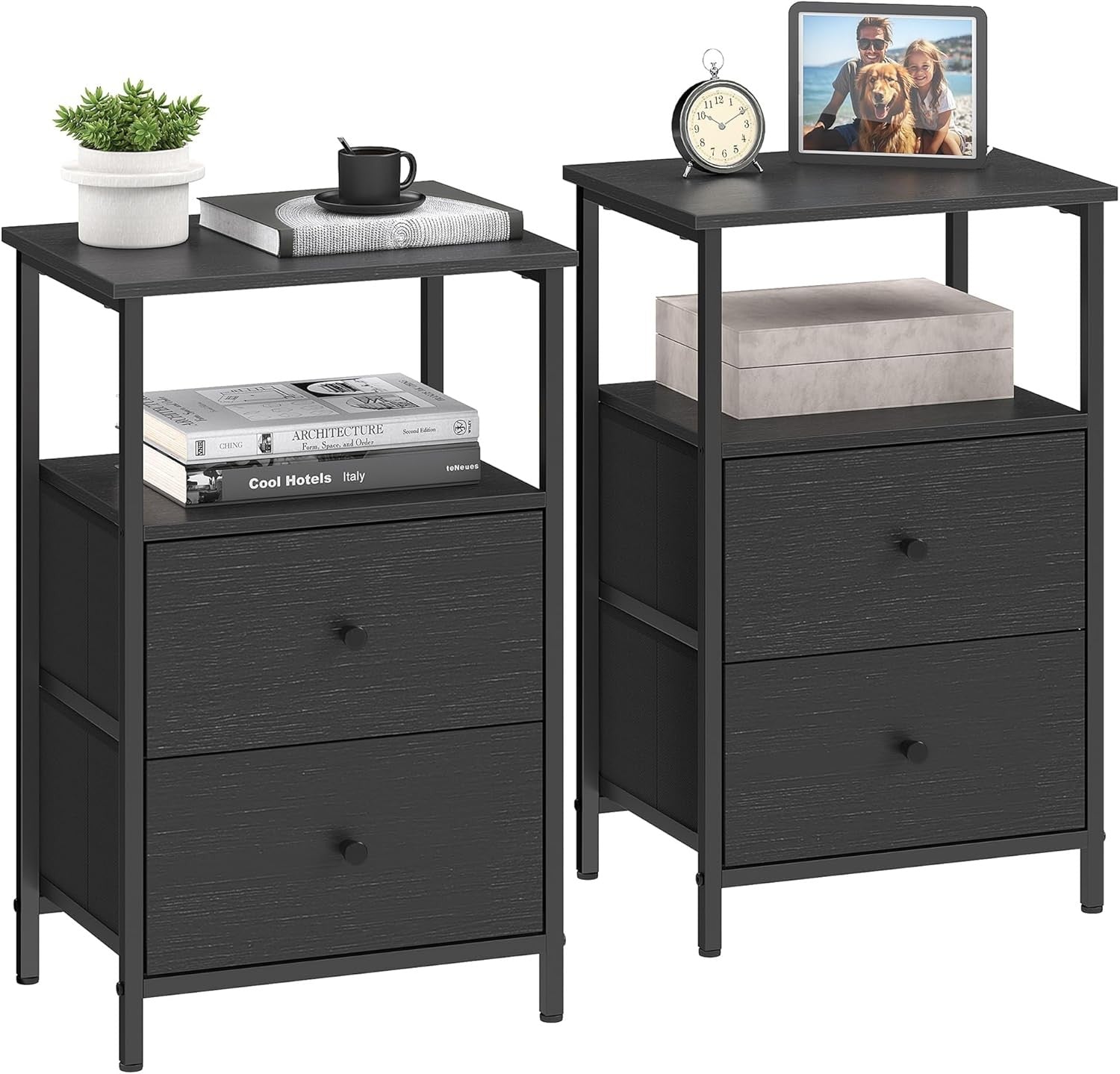 Tall Bedside Tables with Shelf & Fabric Drawers, Modern 24-Inch Storage Set of 2
