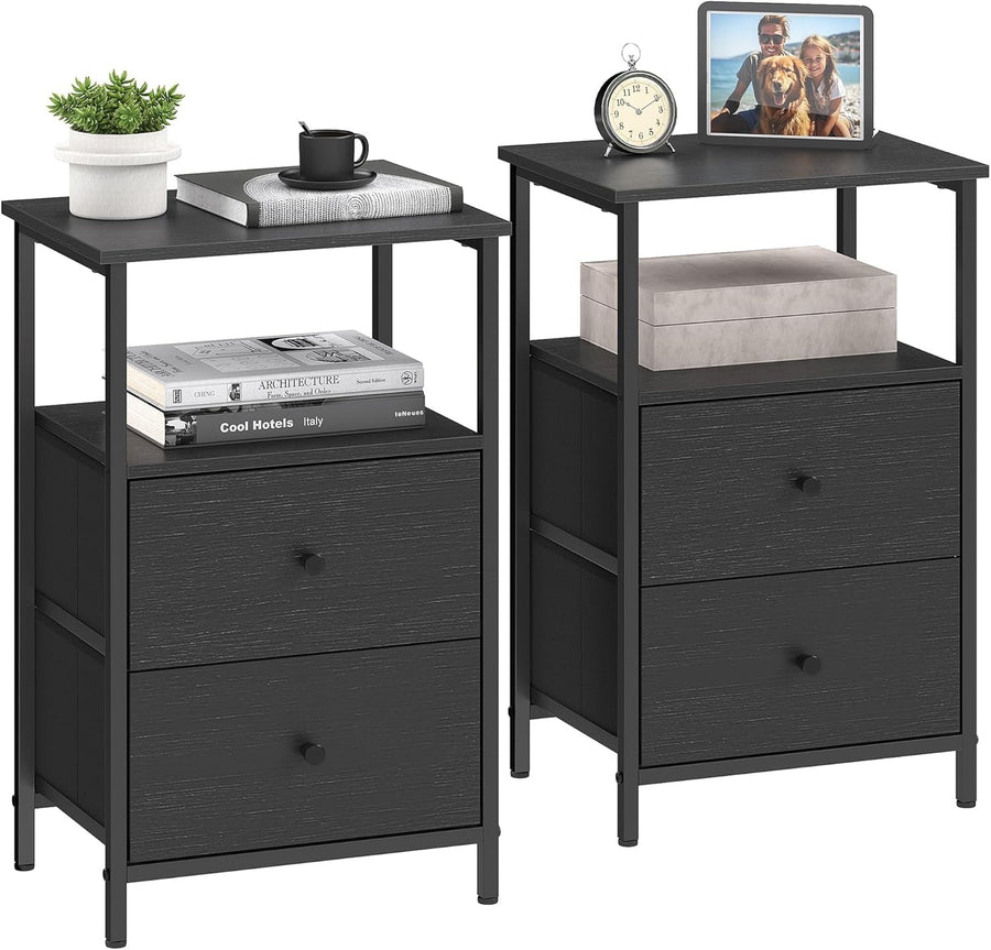 Tall Bedside Tables with Shelf & Fabric Drawers, Modern 24-Inch Storage Set of 2