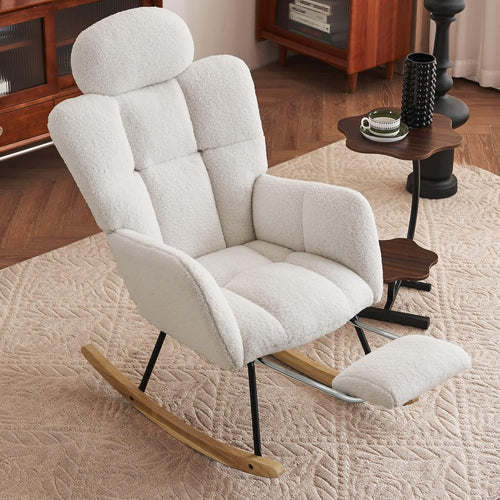 Ivory Rocking Recliner Chair w/ Footrest, Headrest – Cozy Teddy Armchair 125cm
