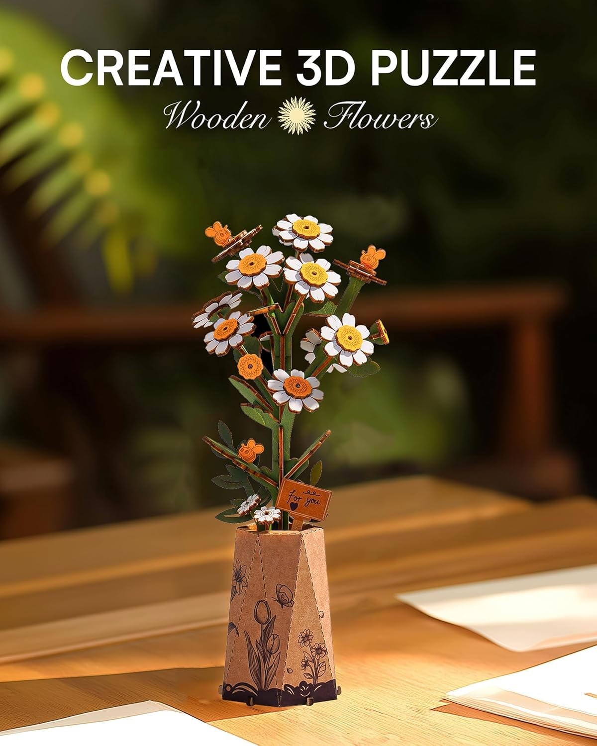 3D Wooden Flower Puzzle Kit Chamomile Home Decor Gift DIY Relaxing Craft