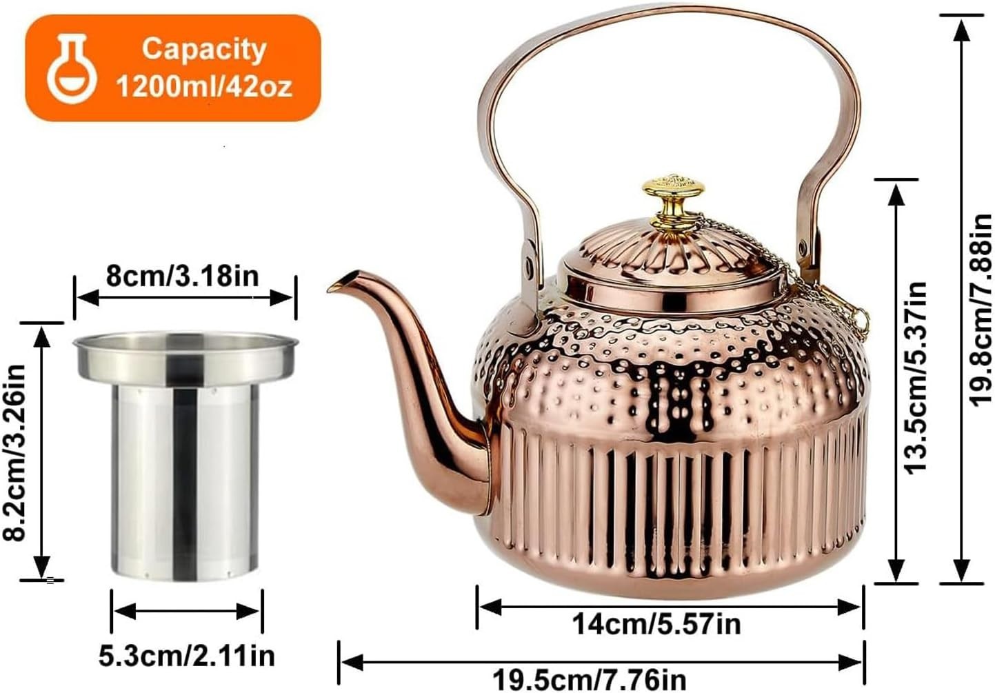 Copper Stainless Steel Teapot 1.2L Infuser Loose Leaf Tea Pot 6 Cups