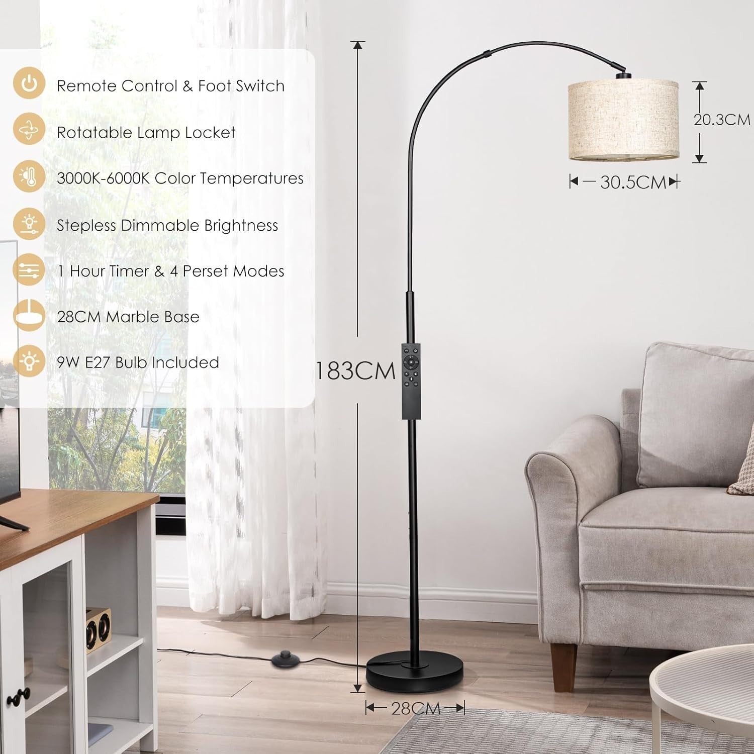 Modern Arc Floor Lamp with Remote & Foot Switch | Dimmable LED Reading Light