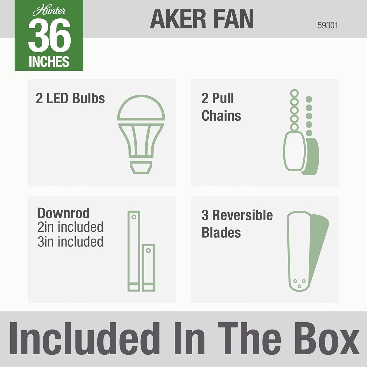 Hunter Aker 36" Ceiling Fan with LED Light, Pull Chain, Reversible Motor White