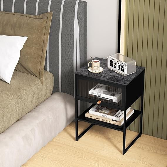 Modern Black Bedside Table with Flip-Up Door & Storage Shelf | Metal Frame