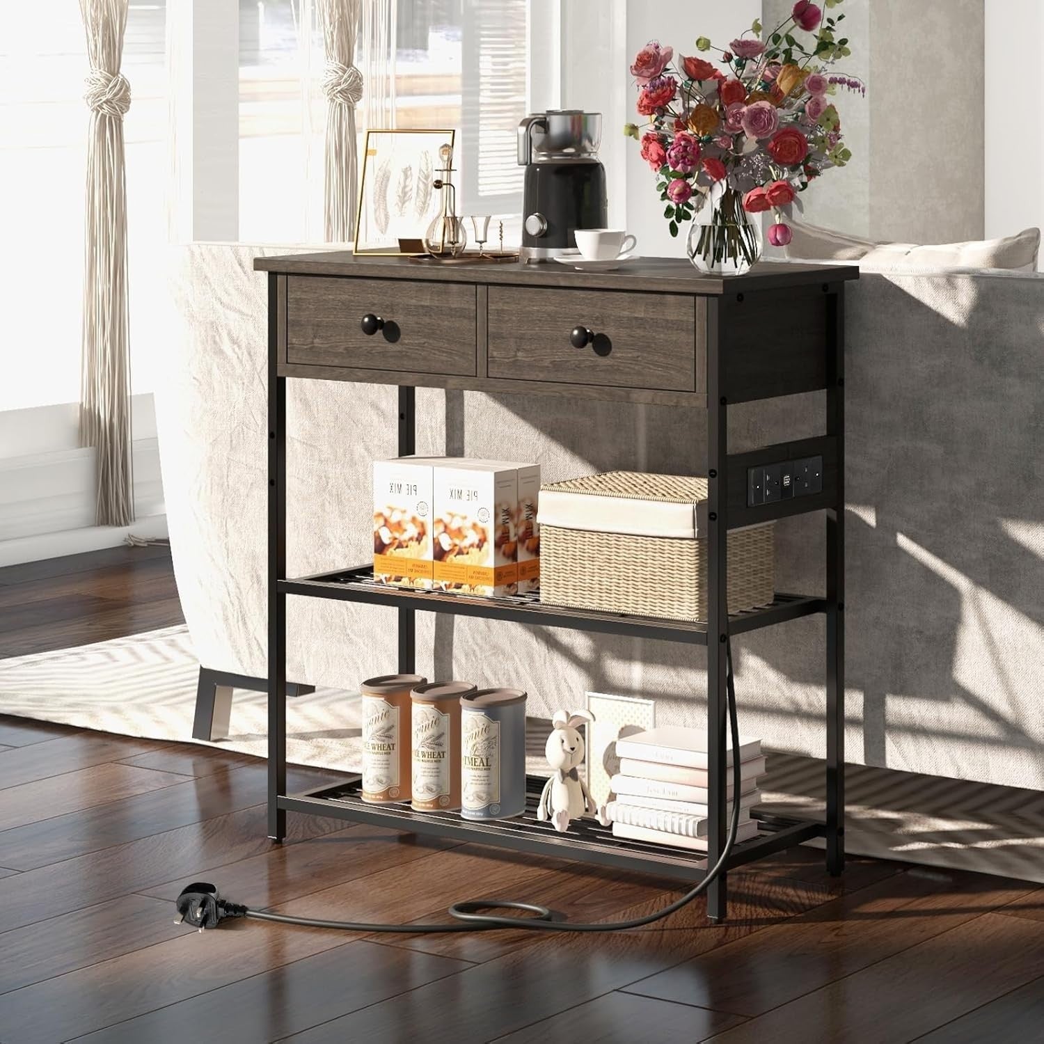 Slim Console Table with Charging Station, 2 Drawers, Storage Shelves 81cm