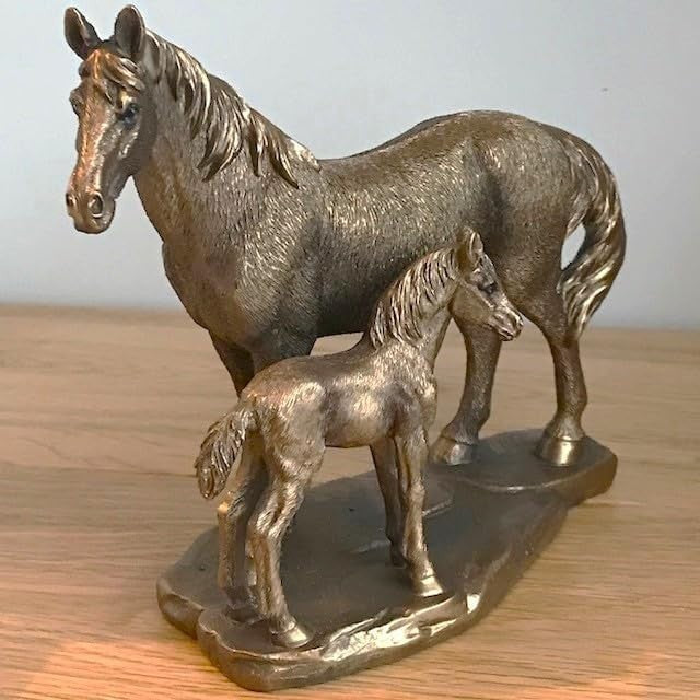 Bronze Horse & Foal Figurine • Resin Ornament • Rustic Farmhouse Home Decor Gift