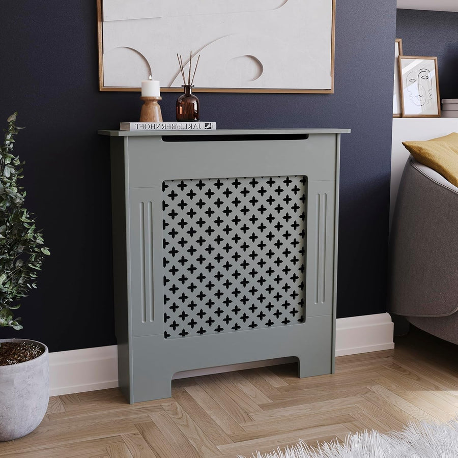 Small Olive Grey Radiator Cover 82x78x19cm Cross Pattern MDF Heating Cabinet