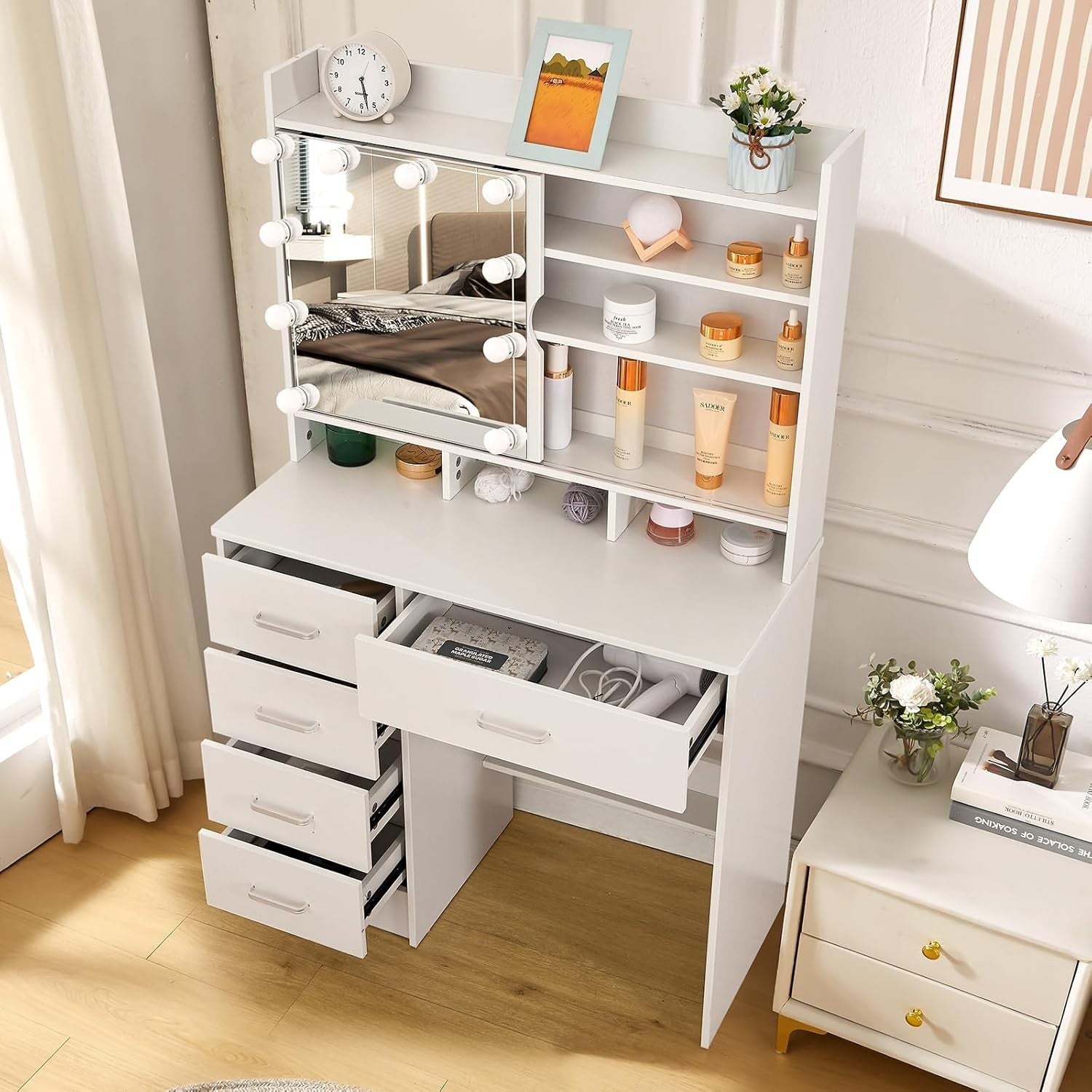 Makeup Vanity Desk w/ LED Mirror & Stool Modern Large Storage White Dresser