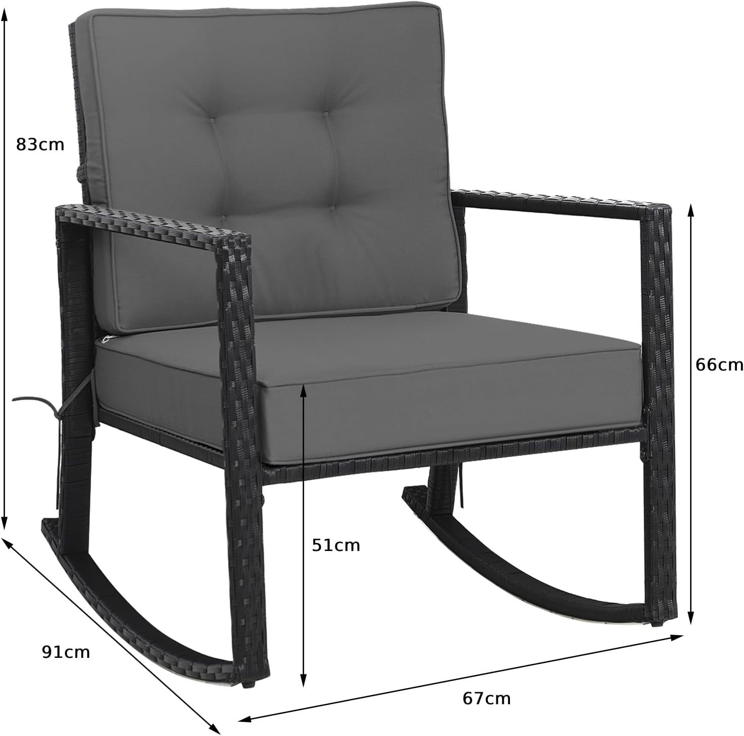 Grey Rattan Garden Rocking Chair with Cushions & Armrests Outdoor Seat