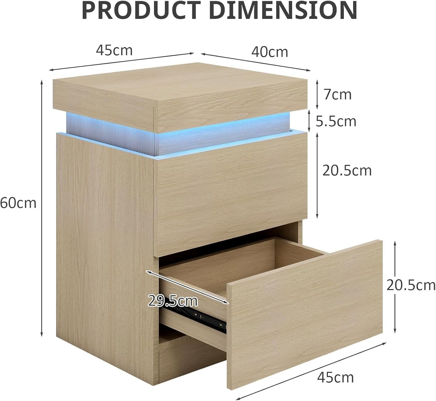 Modern Oak LED Bedside Table with USB Charging, 2 Drawers & Sliding Top Cabinet