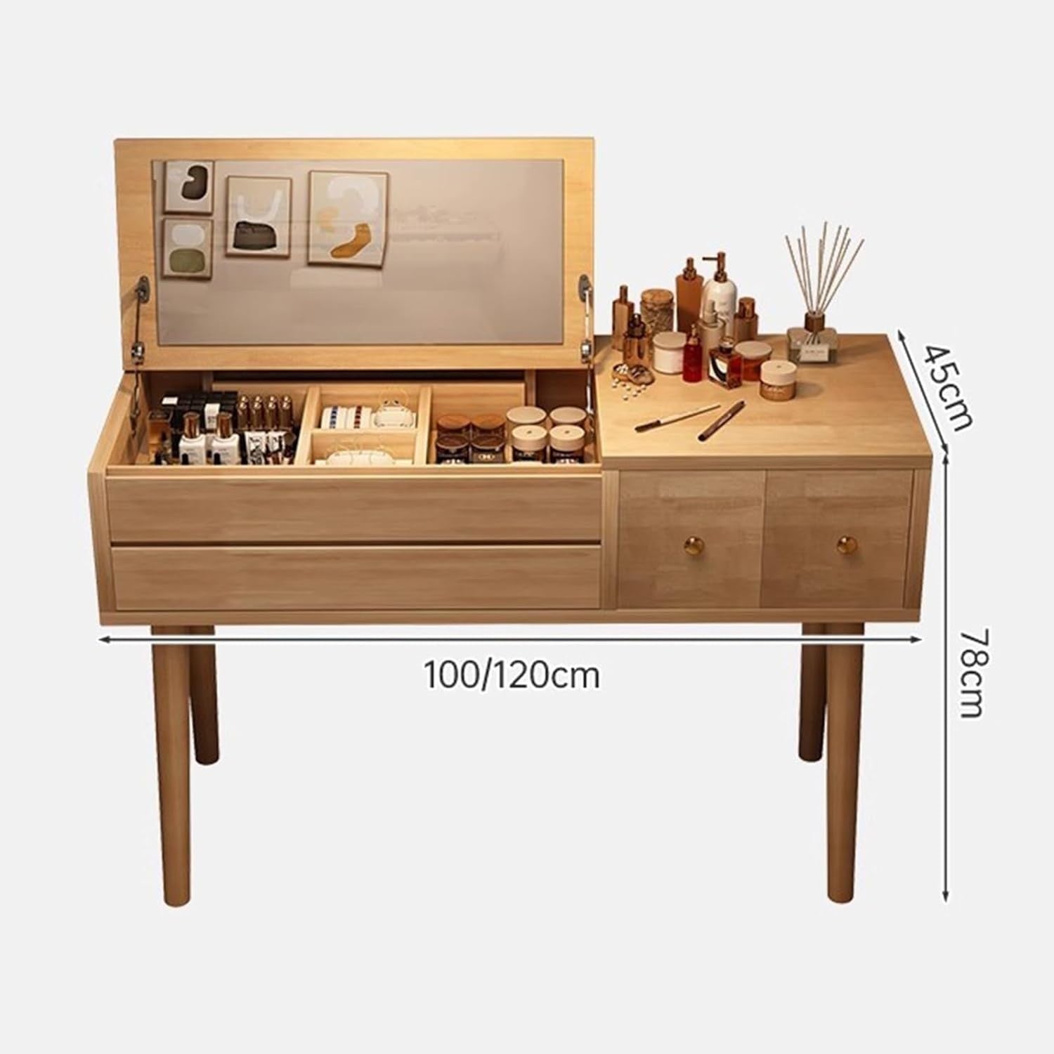 Flip Top Dressing Table Makeup Vanity Desk Rubberwood Mirror Stool Set