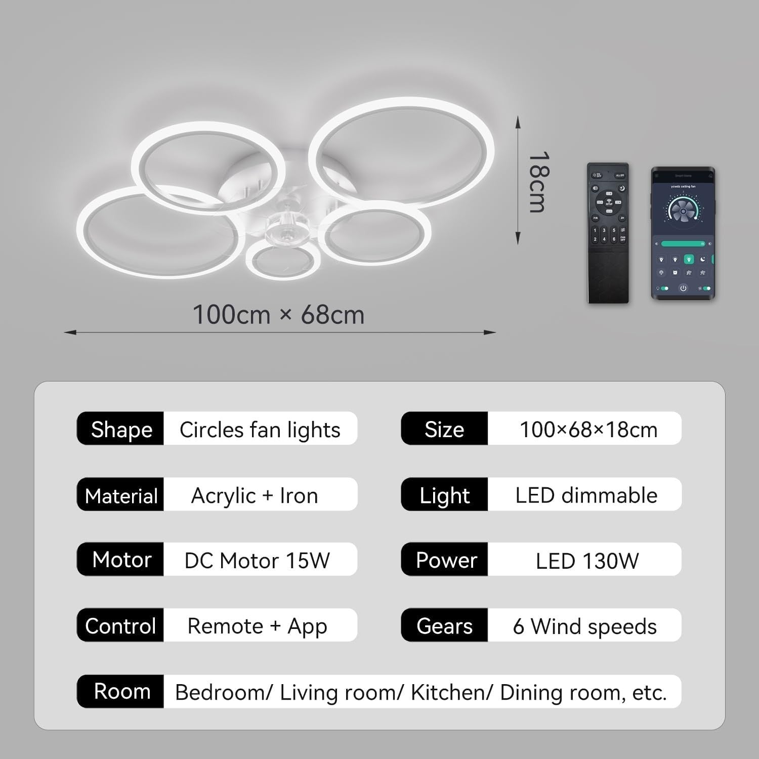 100CM Smart Ceiling Fan Light, 6 Speeds, LED, Remote, White