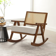 Comfortable Upholstered Rocking Chair with Rattan Back & Solid Wood Legs