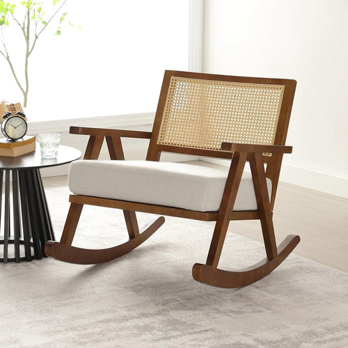 Comfortable Upholstered Rocking Chair with Rattan Back & Solid Wood Legs