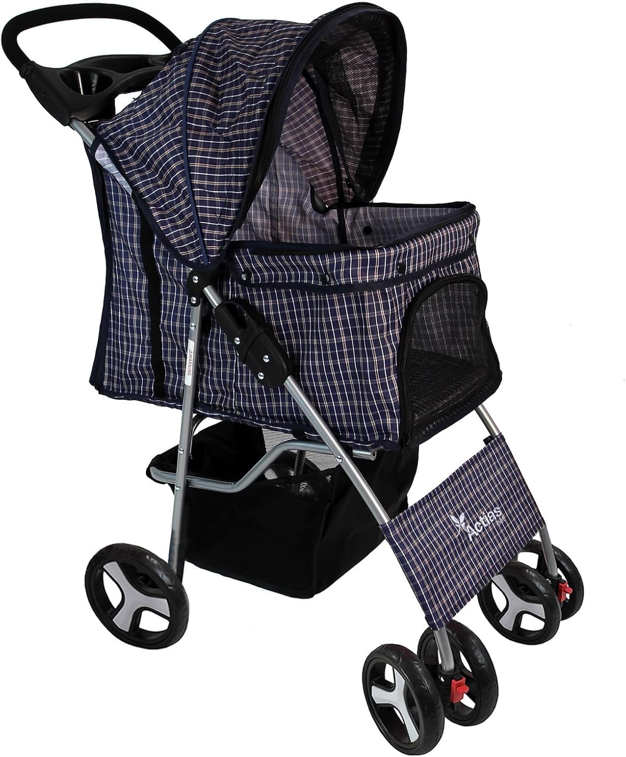 Pet Travel Stroller Dog Cat Pushchair Foldable Swivel Wheels 15kg Blue Tartan