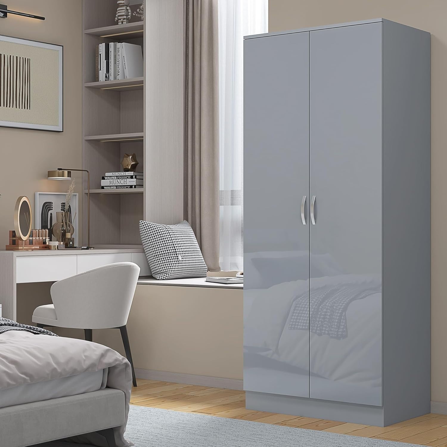 Grey High Gloss 2 Door Slim Wardrobe with Shelf & Hanging Rail 180cm